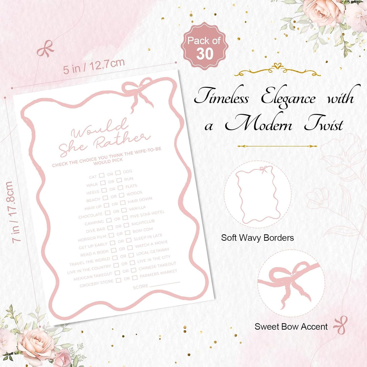 DEEKA 30 PCS Bridal Shower Games Card for 30 Guests White Pink Wavy Border Ribbon Bow Funny Wedding