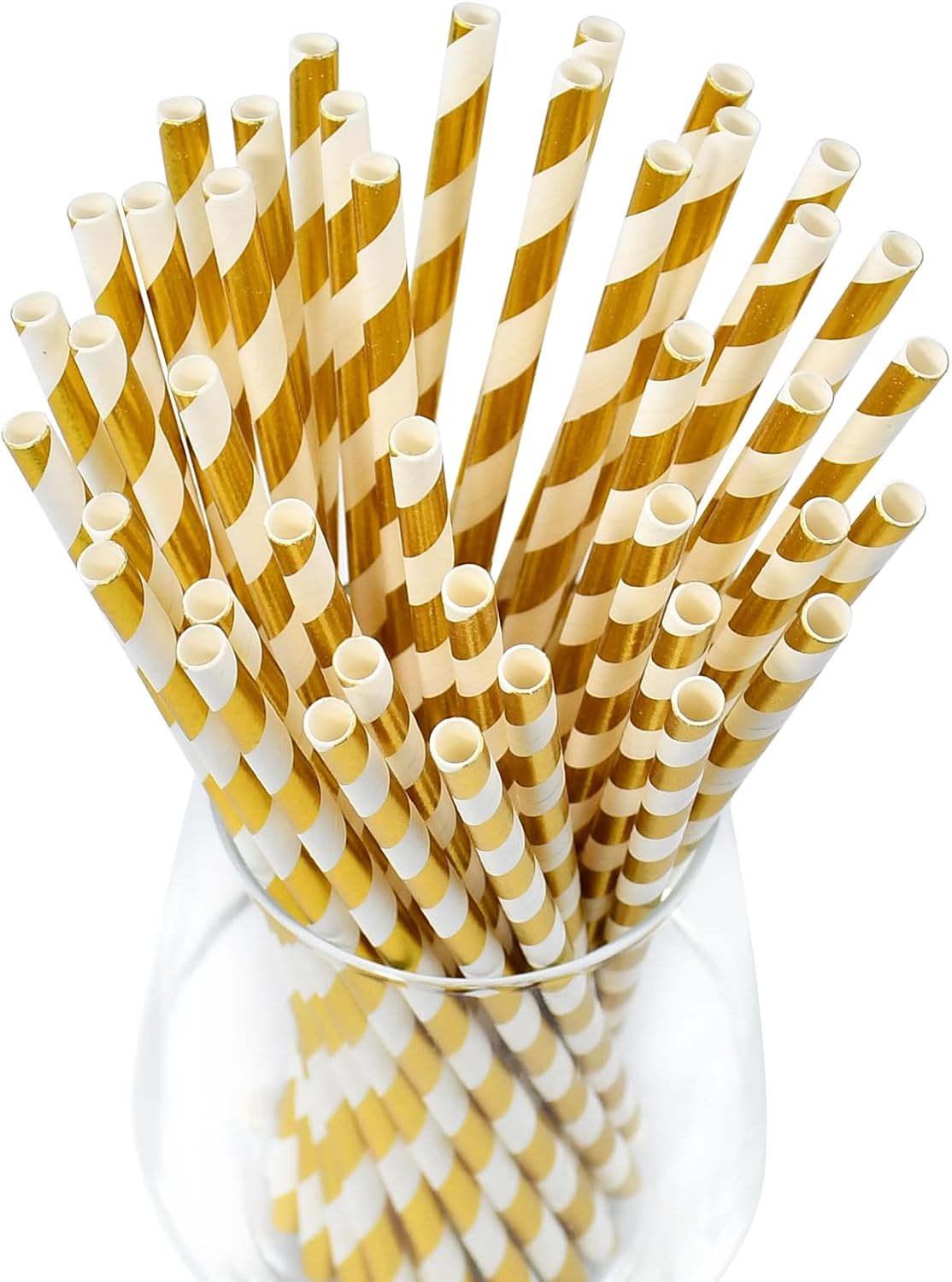 7.75 inch Gold/White Striped Paper Straws for Drinking 100 Counts for Bar, Restaurant, Wedding