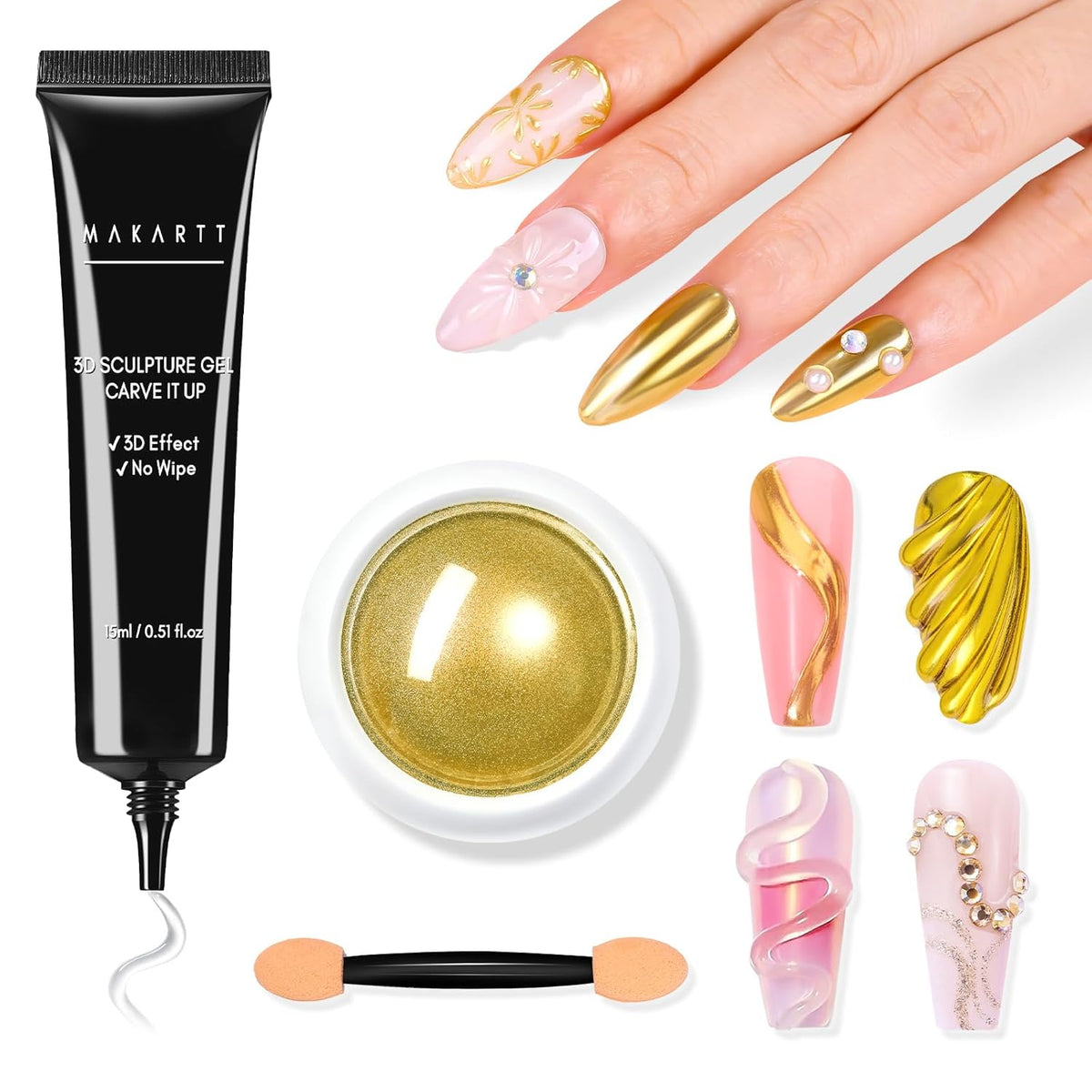 Makartt 3D Gel Nail Art with Gold Chrome Nail Powder Kit: Clear Molding Gel for Nail Art 15g
