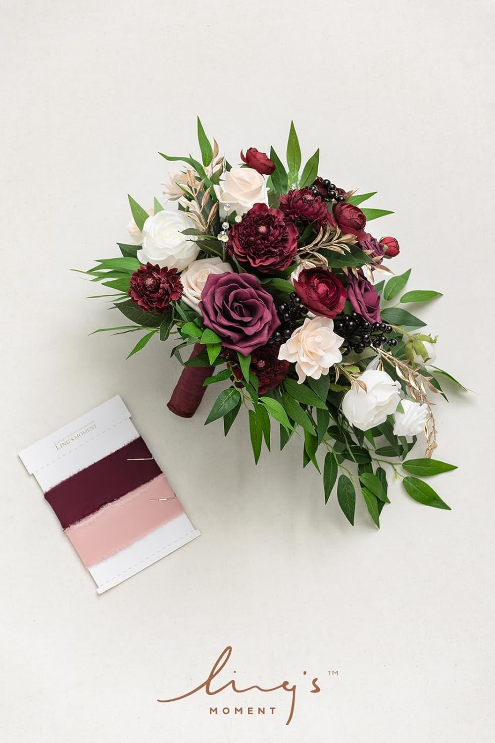 Ling's moment Burgundy Bridal Bouquet Cascading, Marsala Wedding Bouquets for Bride, 13 Inch Bride
