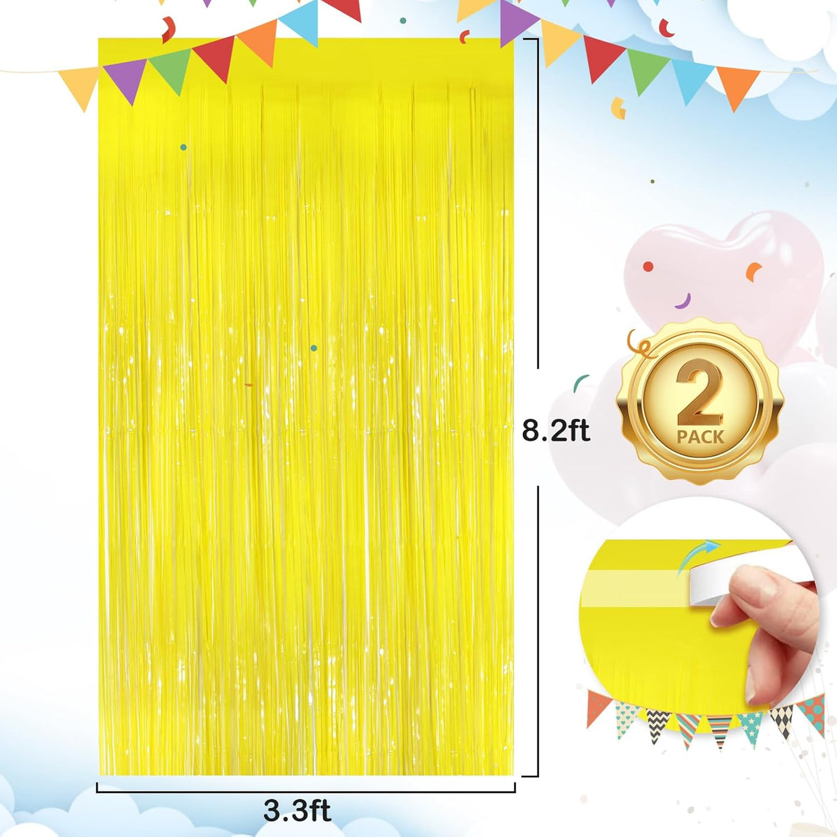 Macaron Yellow Metallic Tinsel Foil Fringe Curtains, 2Pack 3.3x8.3 Feet Streamer Backdrop Curtains