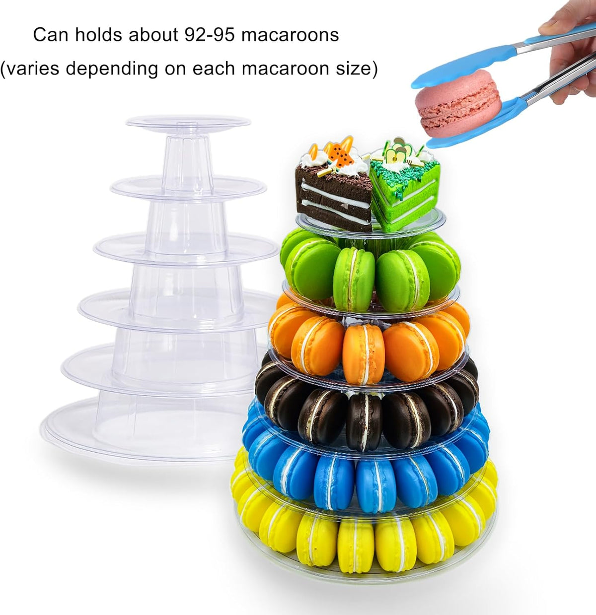 6 Tiers Macaroon Tower Stand with 8'' Silicone Tongs, Round Macaron Tower Cake Display Rack Plastic