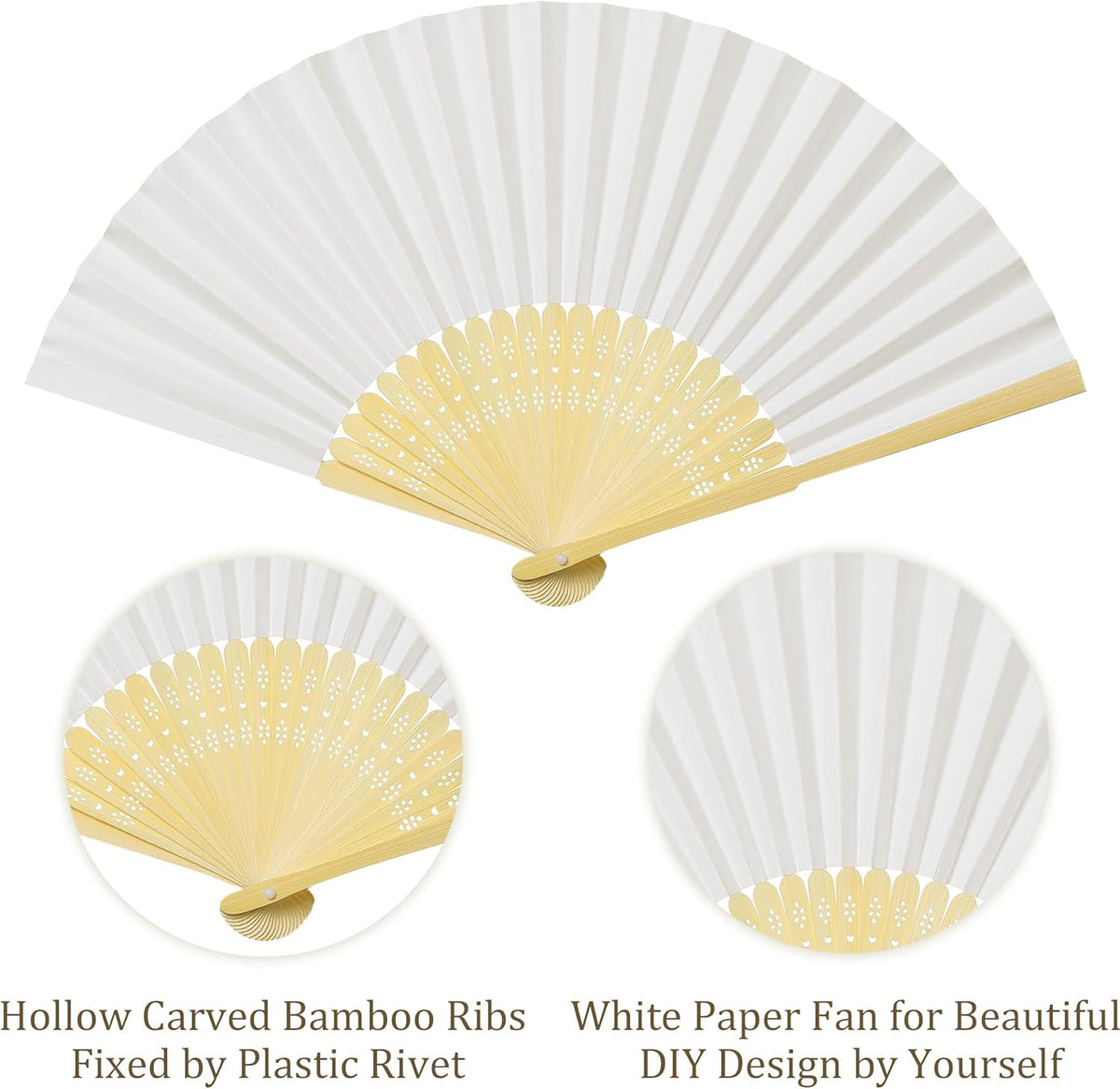 Coucoland 50Pcs Hand Fan Bulk - White Bamboo Folding Handheld Fan Hand fan for Wedding Home