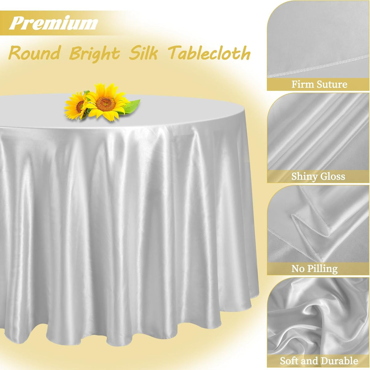 12 Pack 120 Inch Silver Satin Tablecloth - Premium Bright Silky Round Tablecloth Overlay Smooth