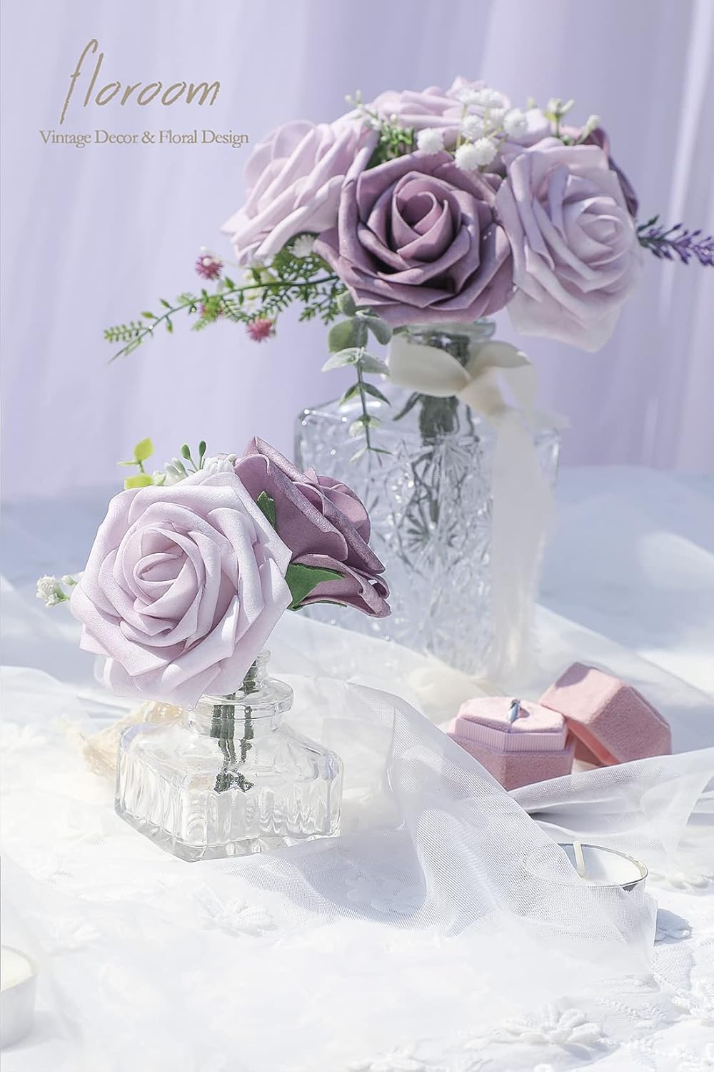 Floroom Artificial Flowers 50pcs Real Looking Lavender African Violet Purple Foam Fake Roses with