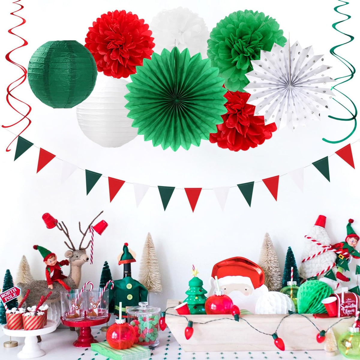 Red Green-White Christmas Party Decorations - 20pcs Mexican Italian Paper Lanterns Fans,Tissue Pom