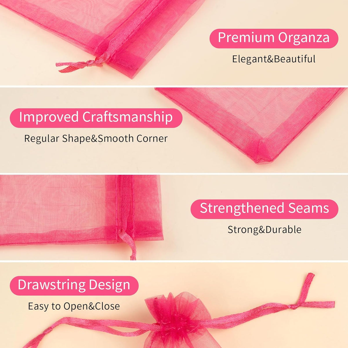 50 Pcs Hot Pink Organza Bags, 4x6 Inch Small Mesh Bags Drawstring Jewelry Pouch Bag Gift Bag Bulk