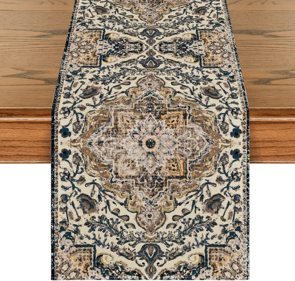 Artoid Mode Dark Blue Boho Bohemia Style Table Runner, Country Rustic Farmhouse Magical Halloween