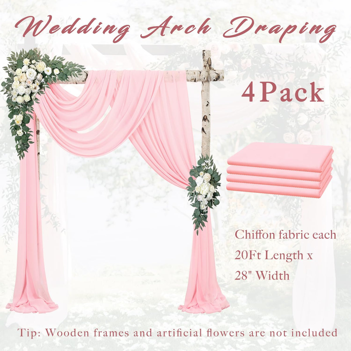4 Panels Wedding Arch Draping Fabric 20Ft Length x 28" Width Light Pink Arch Drapes Chiffon Fabric