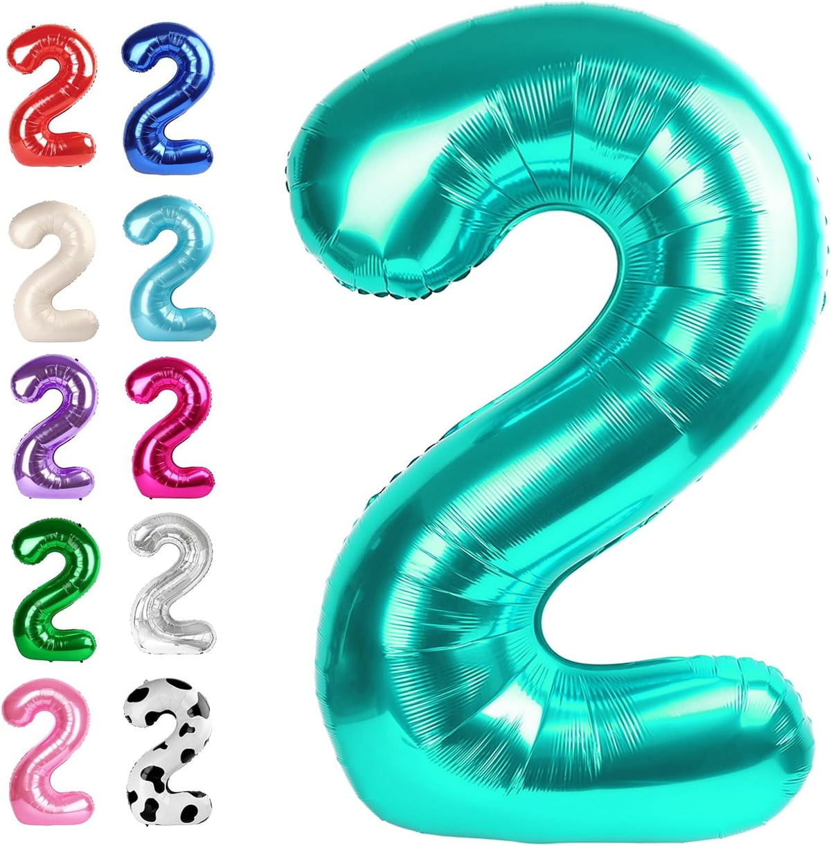 Big 40 Inch Teal Blue 2 Number Balloon Birthday Decoration, Teal Blue Number 2 Helium Balloons 12
