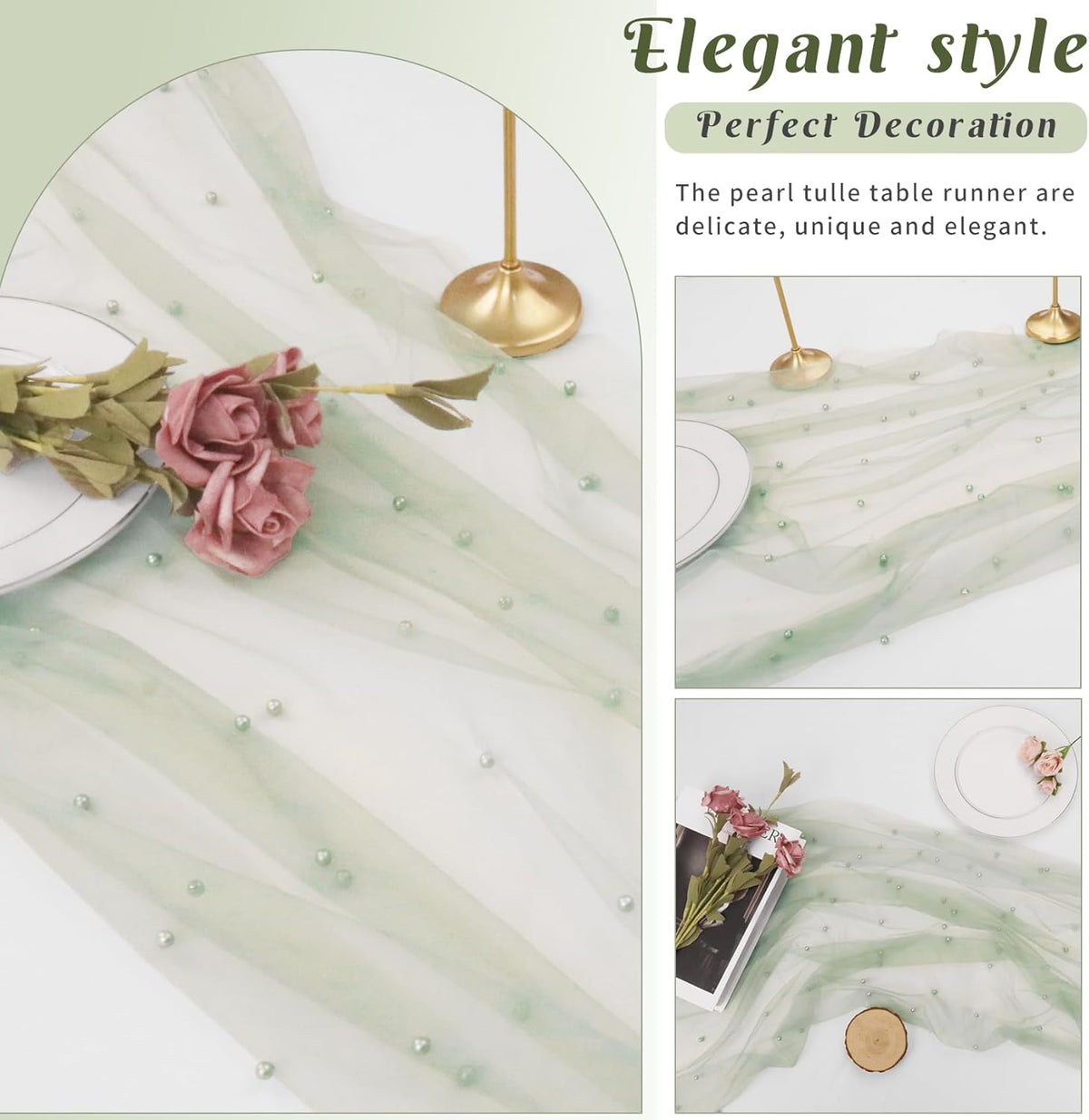 Set of 6 Pearl Table Runner 29 x 120 Inch Sage Green Tulle Fabric Lace Table Runners Boho Rustic