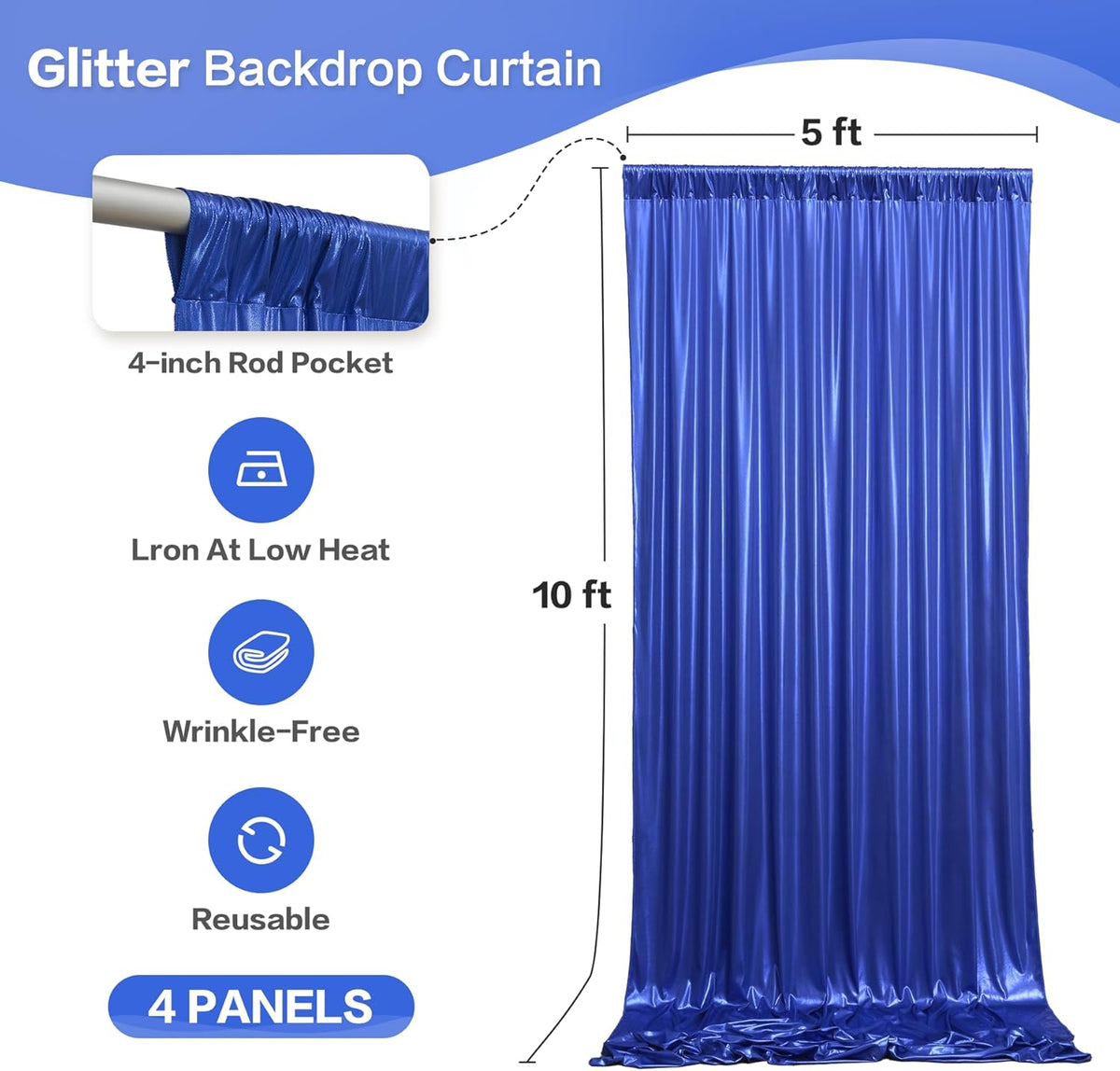 gogoparti 20x10FT Sapphire Blue Sequin Backdrop Curtain - 4 Panels of 5x10FT Wrinkle-Free Glitter
