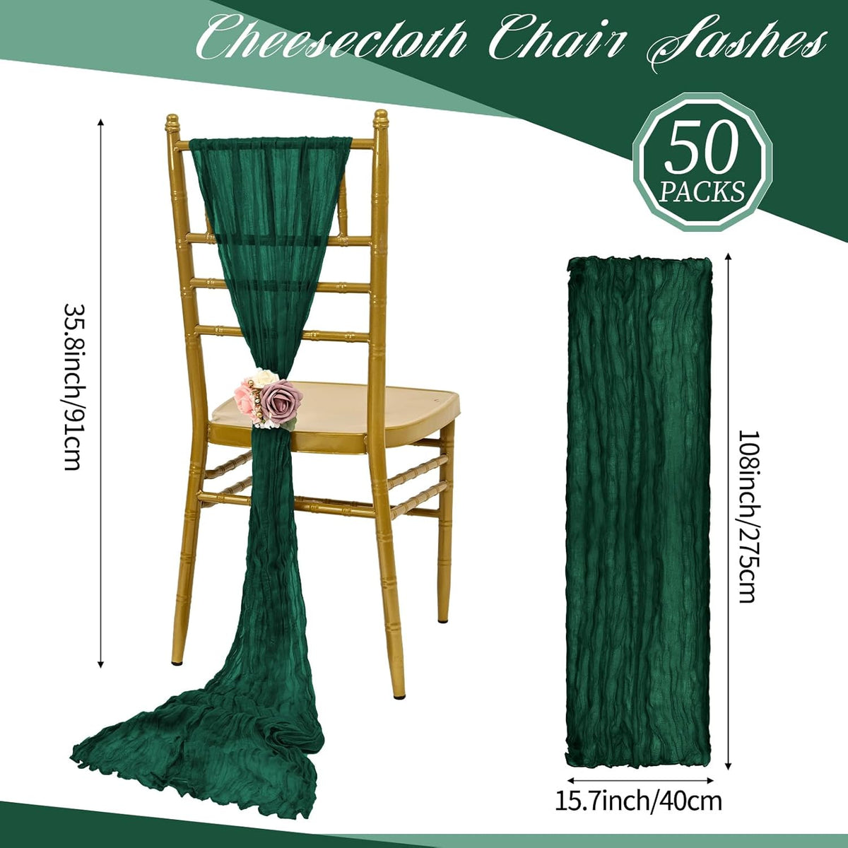 50 PCS Cheesecloth Chair Sashes, Bows Designed ChairSashes, 15.7x108 inch Chair Sashes for Aisle