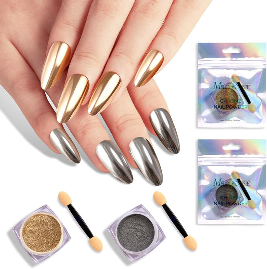 MelodySusie 2Pcs Chrome Nail Powder for Gel Nails,Metallic Mirror Effect Pigment Stylish and