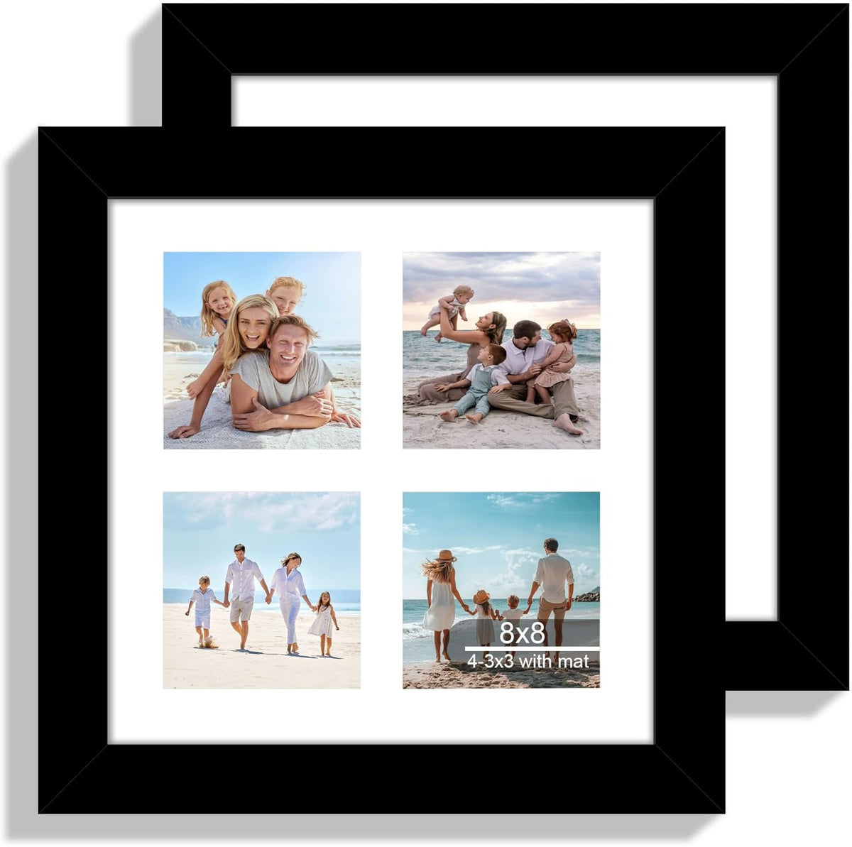 8x8 Picture Frame Set of 2, with Glass and Black Wood Frames, Display Collage Four Opening 3x3 With