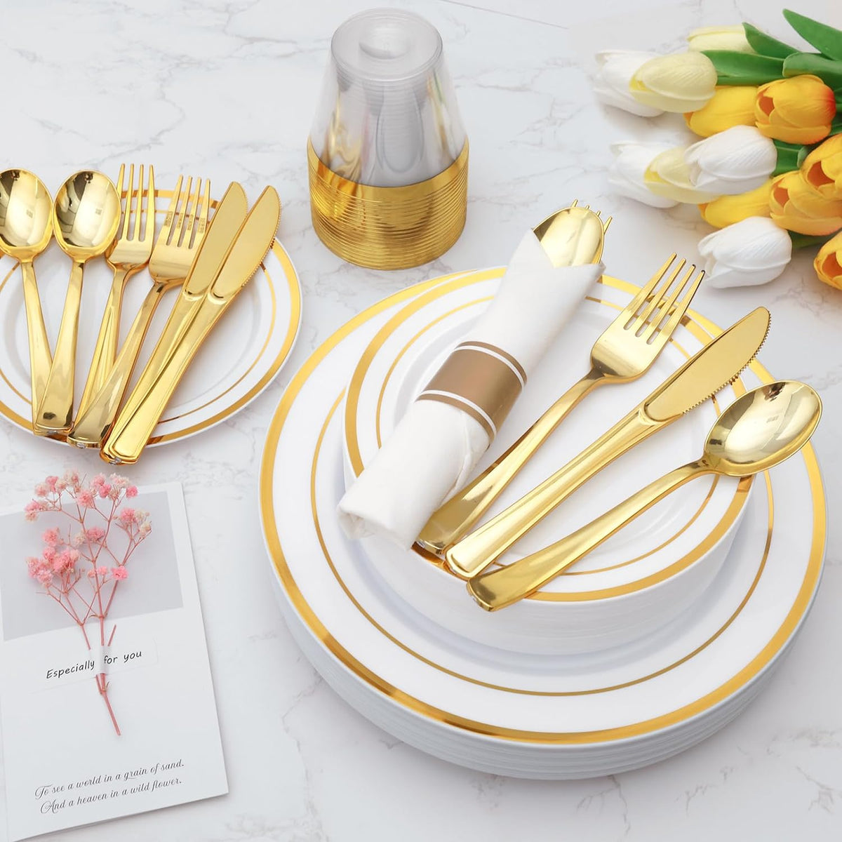 Goodluck 175 Piece Gold Plastic Dinnerware Set for 25 Guests, Fancy Disposable Plates for Party