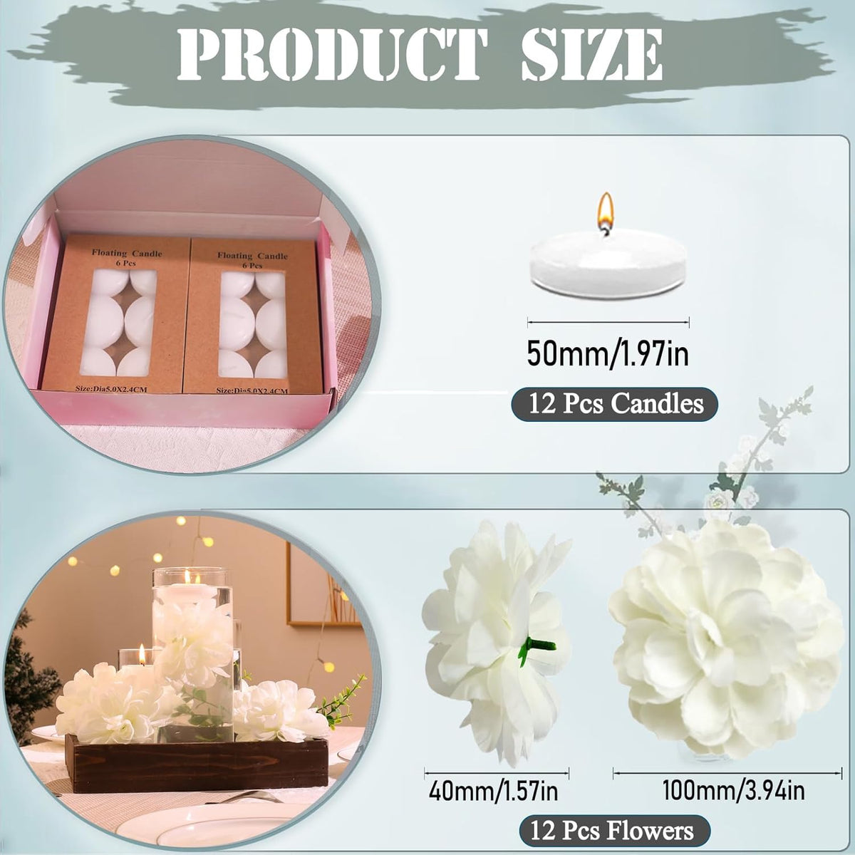 24 Pcs Floating Candles for Centerpieces and Floating Flowers Artificial Flowers Head Vase Filler