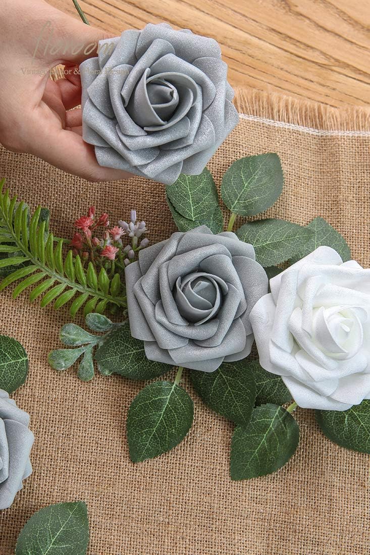 Floroom Artificial Flowers 25pcs Real Looking Shimmer Silver Grey Foam Fake Roses with Stems for