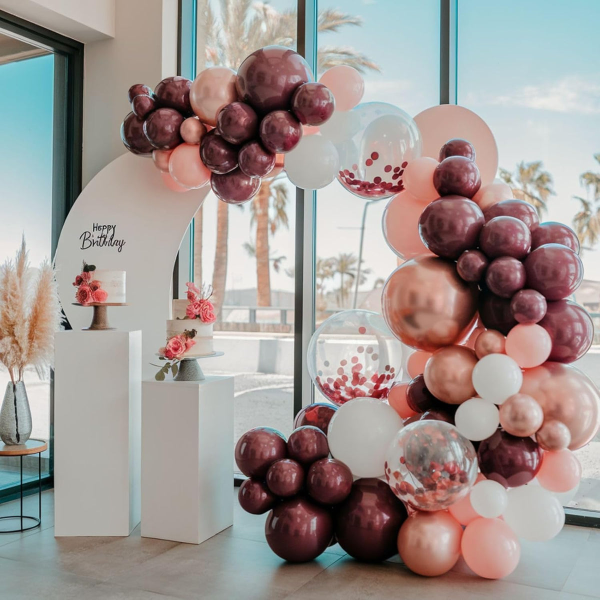 Burgundy Balloons, 12 Inch Maroon Balloons, Wine Red White Pearl Metallic Rose Gold Confetti
