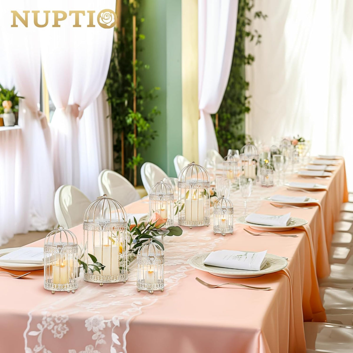 NUPTIO Decorative Candle Lanterns White: 3 Pcs Distressed White Metal Bird Cage Indoors Lantern