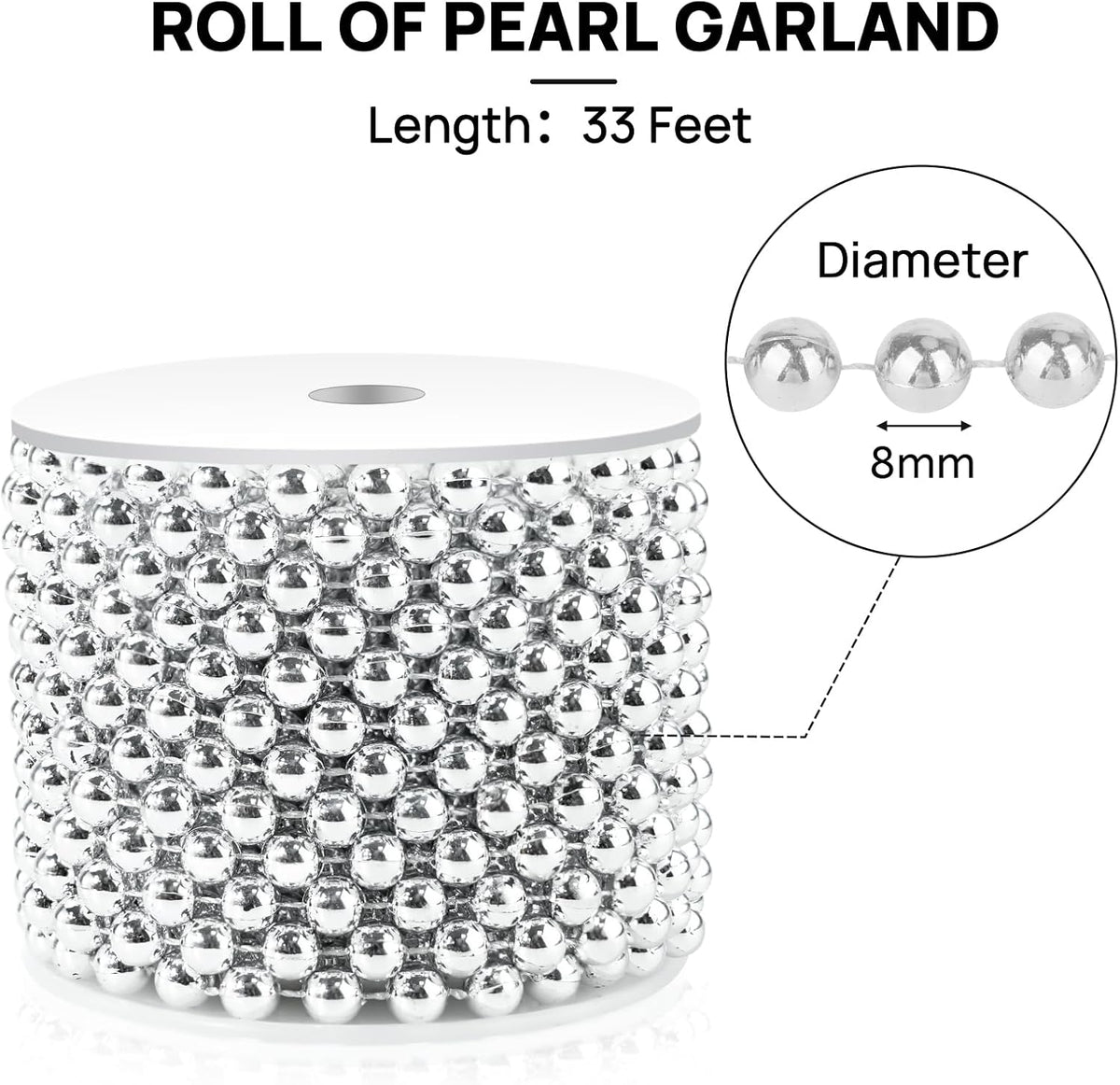 Craft String Pearls 8MM Pearl Bead, 33 Feet Silver Faux Pearl Garland Spool Roll Strand Wedding