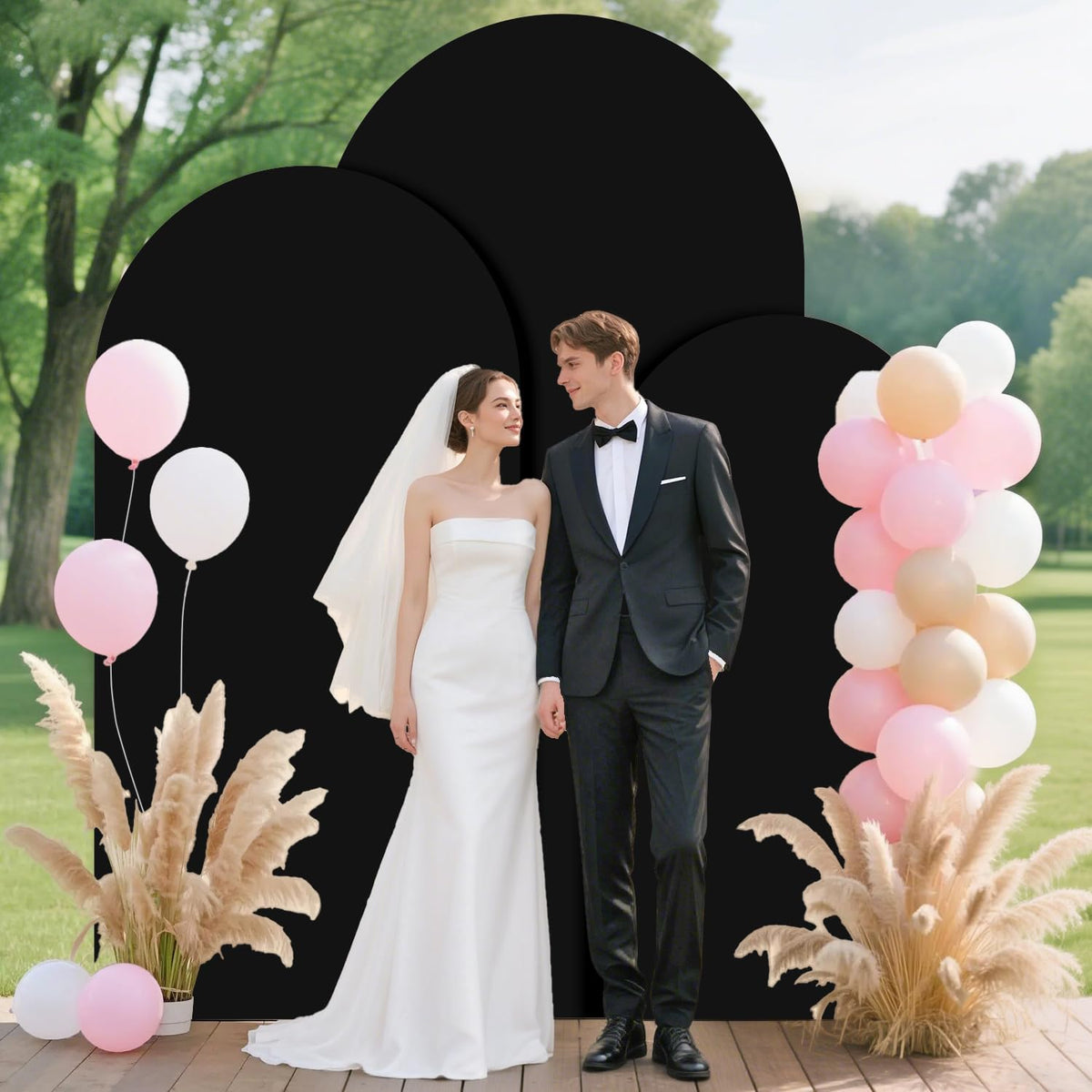 FUHSY Metal Arch Backdrop Stand and Cover Set 6FT, 6.6FT, 7.2FT Black Arch Cover Set of 3 Wedding