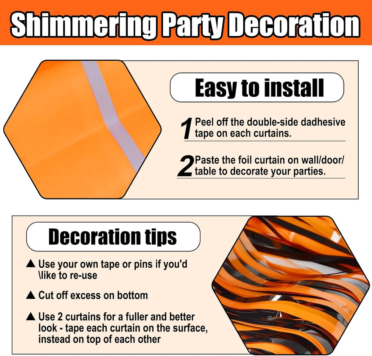 3 Pack Black Orange Foil Fringe Curtain Backdrop, 3.28Ft x 8.2Ft Metallic Tinsel Foil Fringe