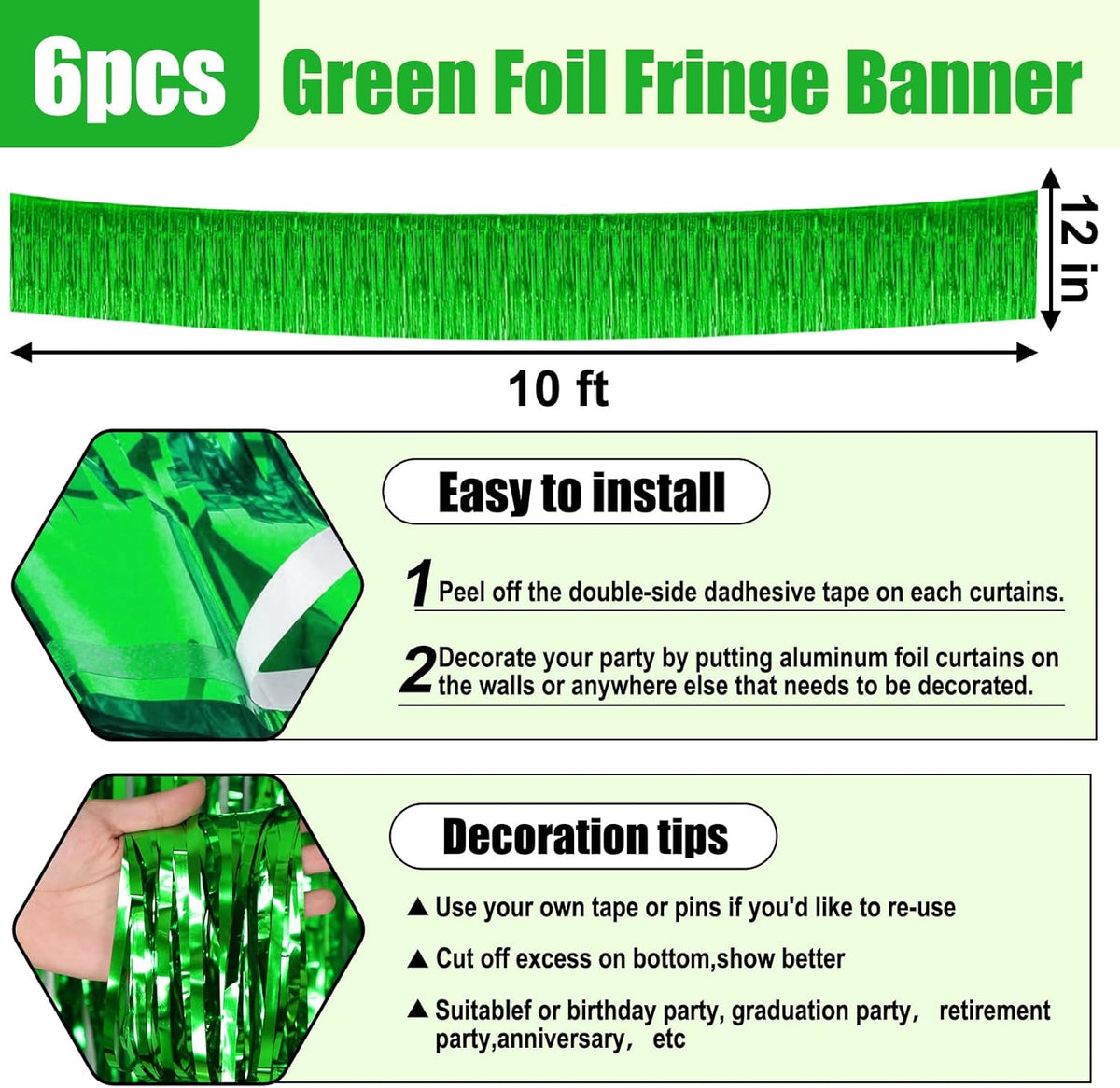 6 Pack 10 Feet Green Foil Fringe Garland Metallic Tinsel Streamers Banner Wall Hanging Curtain