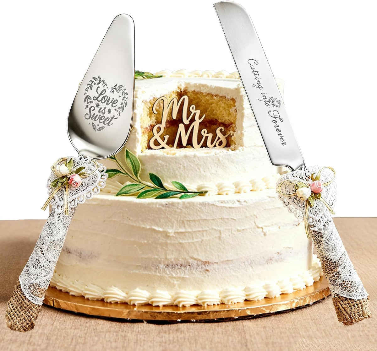 Wedding Cake Knife and Server Set – Rustic Lace Burlap Handle, Stainless Steel Blades, Vintage