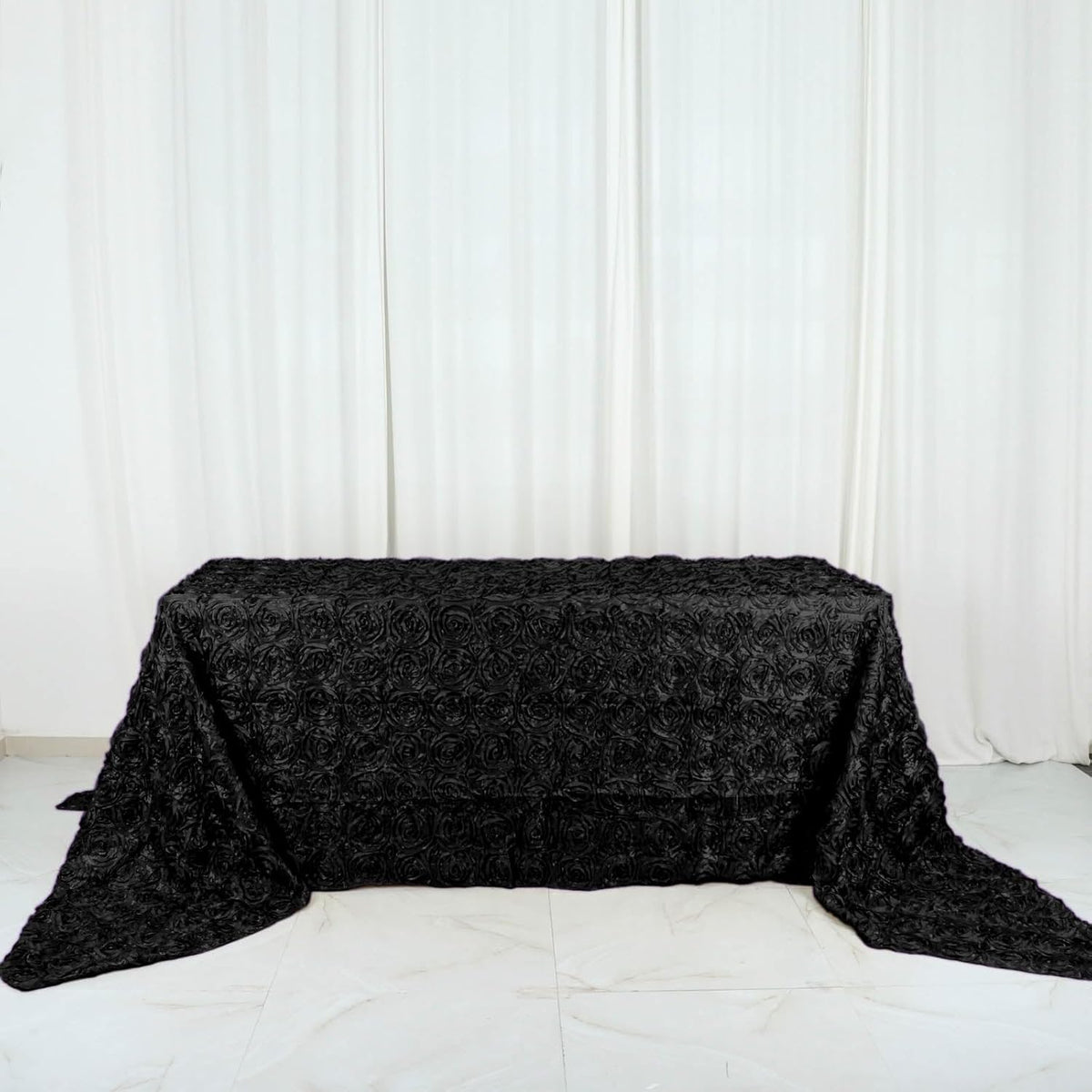 Efavormart 90"x156" Wholesale Rectangle Table Cover Black Grandiose Rosette 3D Satin Tablecloth for
