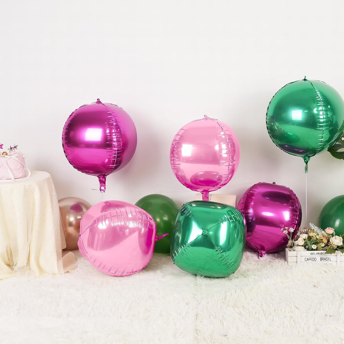 6Pcs Green Pink Round Foil Balloons,Giant 4D Round Ball Balloon,22 Inch Metallic Green Pink