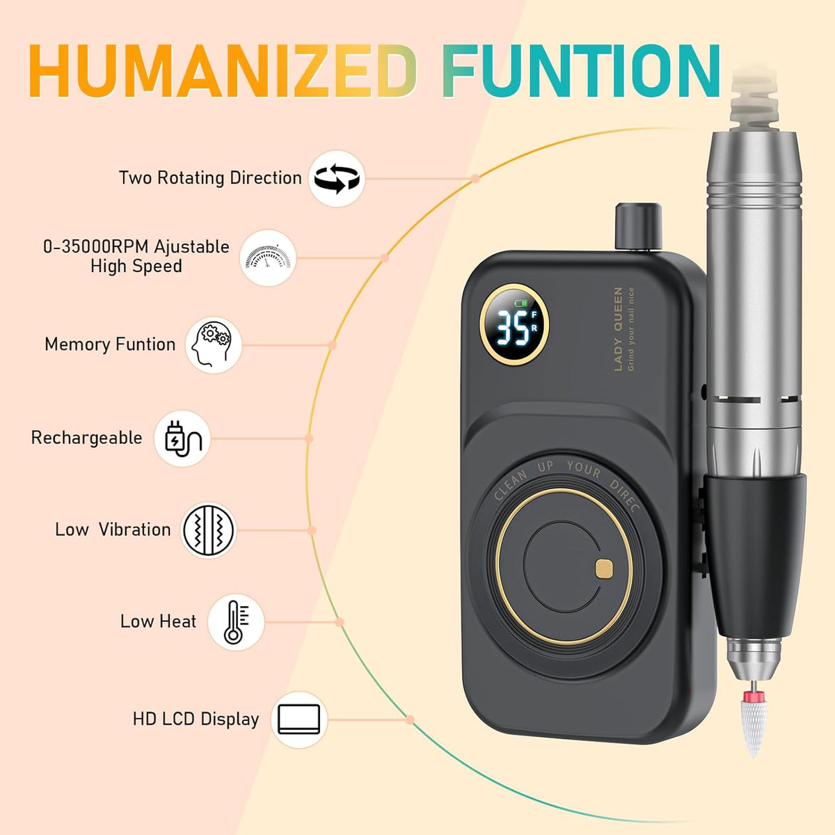 Portable Nail Drill Electric File: 35000RPM Professional Rechargeable Nail E File Machine,for