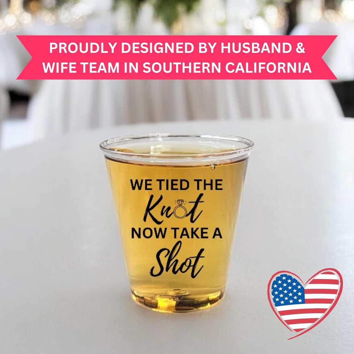Disposable Plastic Wedding Shot Glasses, 200 Pack, 'We Tied the Knot Now Take a Shot' with Ring