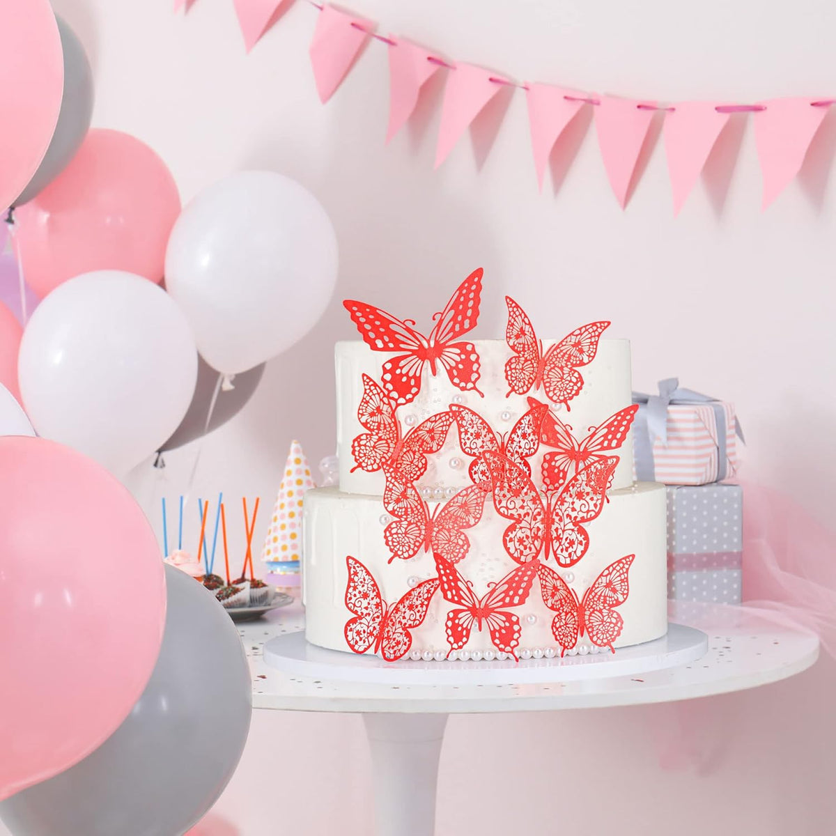 Gyufise 36 Pack Red Glitter 3D Butterfly Cupcake Toppers Hollow Cake Decorations for Birthday