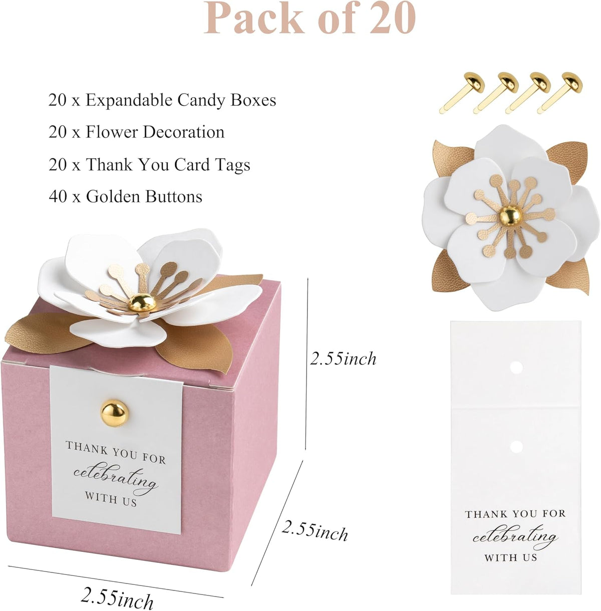 FEIYI 20 PCS Candy Boxes, 3 In 1Dusty Rose Favor Boxes with Floral Decor, White Thank You Tags Gift