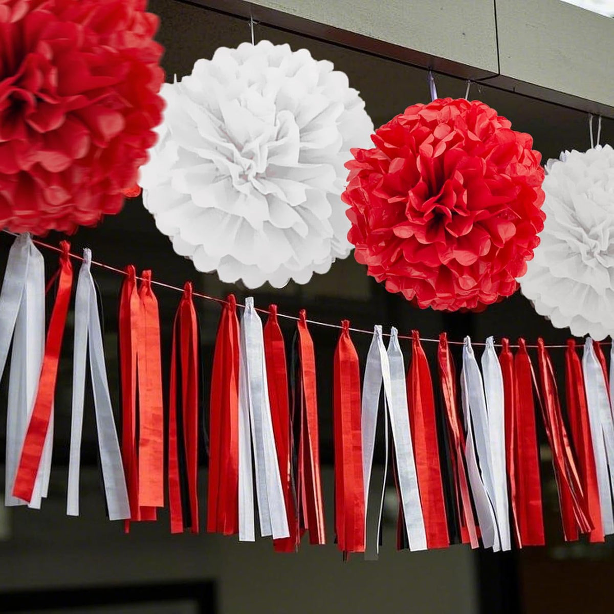 Capesaro Red and White Paper Pom Poms - 10",12" Tissue Pom Poms Decorations for Party Hanging Decor