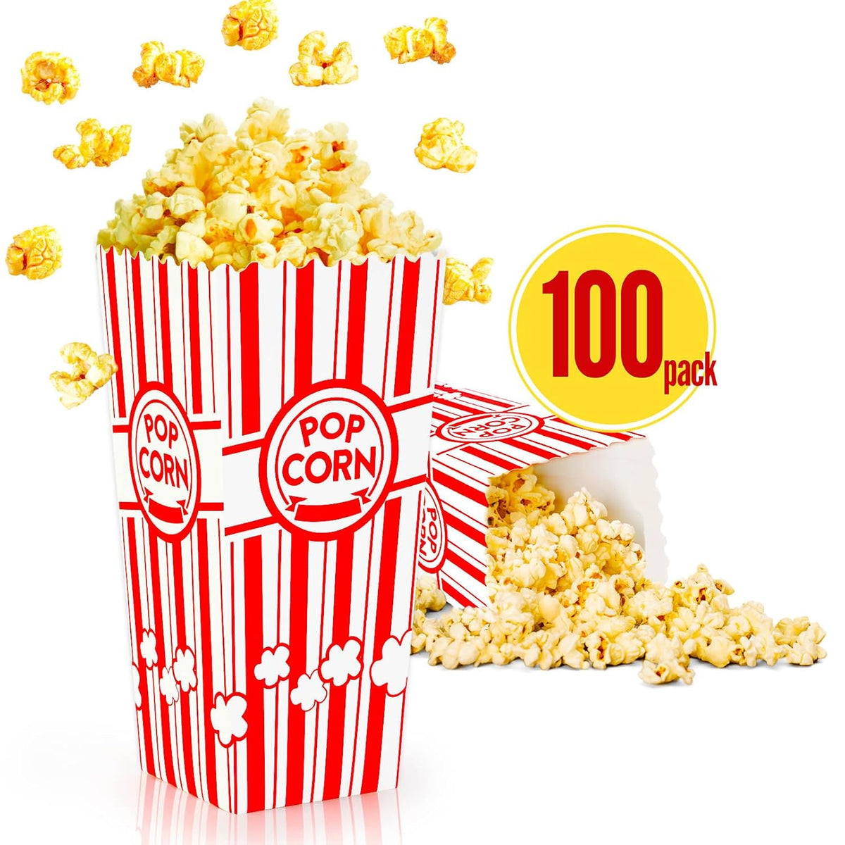 ZEEGO0 100-Pack Popcorn Boxes, Sturdy and Durable Popcorn Bucket, 7.75in Tall Large Capacity