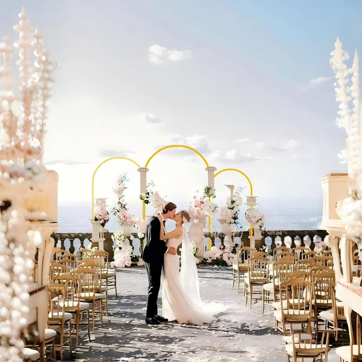 Bazen Wedding Arch Backdrop Stand 7.2FT, 6.6FT, 6FT Set of 3 Metal Arch Backdrop Stand with White