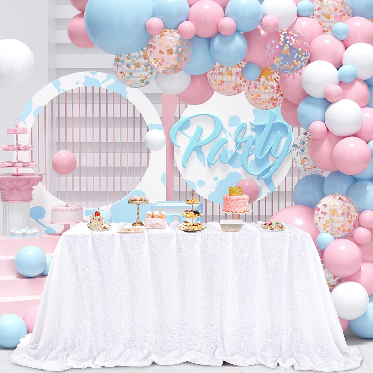 QueenDream White Tablecloth 60x102 Inch Rectangular Sequin Tablecloth for Baby Shower Wedding