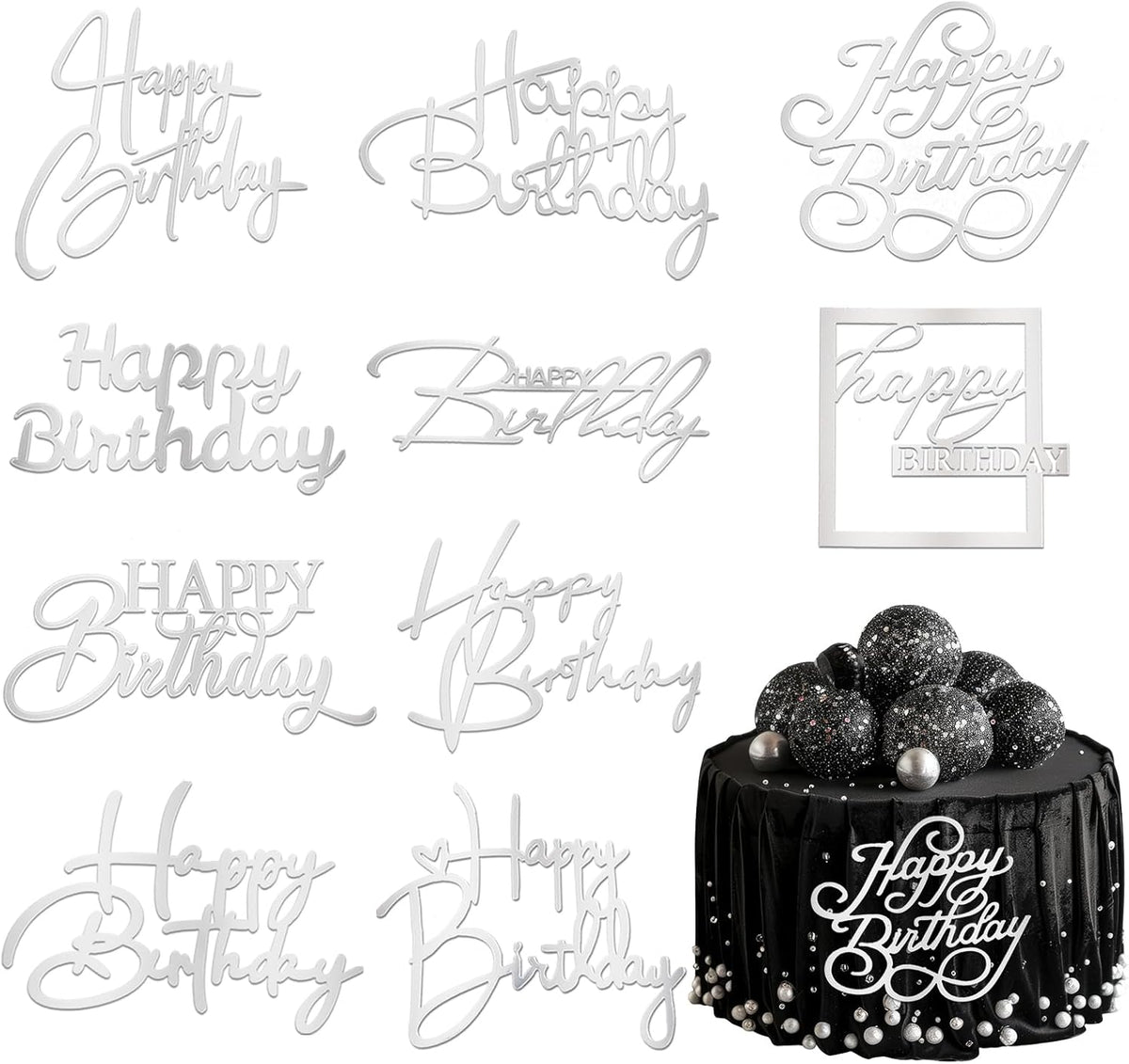10 PCS Silver Happy Birthday Cake Topper Mirror Acrylic Cake Toppers Double-Sided Glitter Birthday