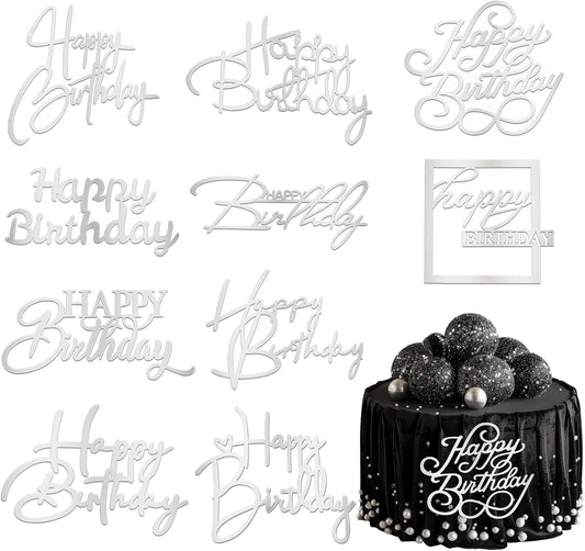 10 PCS Silver Happy Birthday Cake Topper Mirror Acrylic Cake Toppers Double-Sided Glitter Birthday