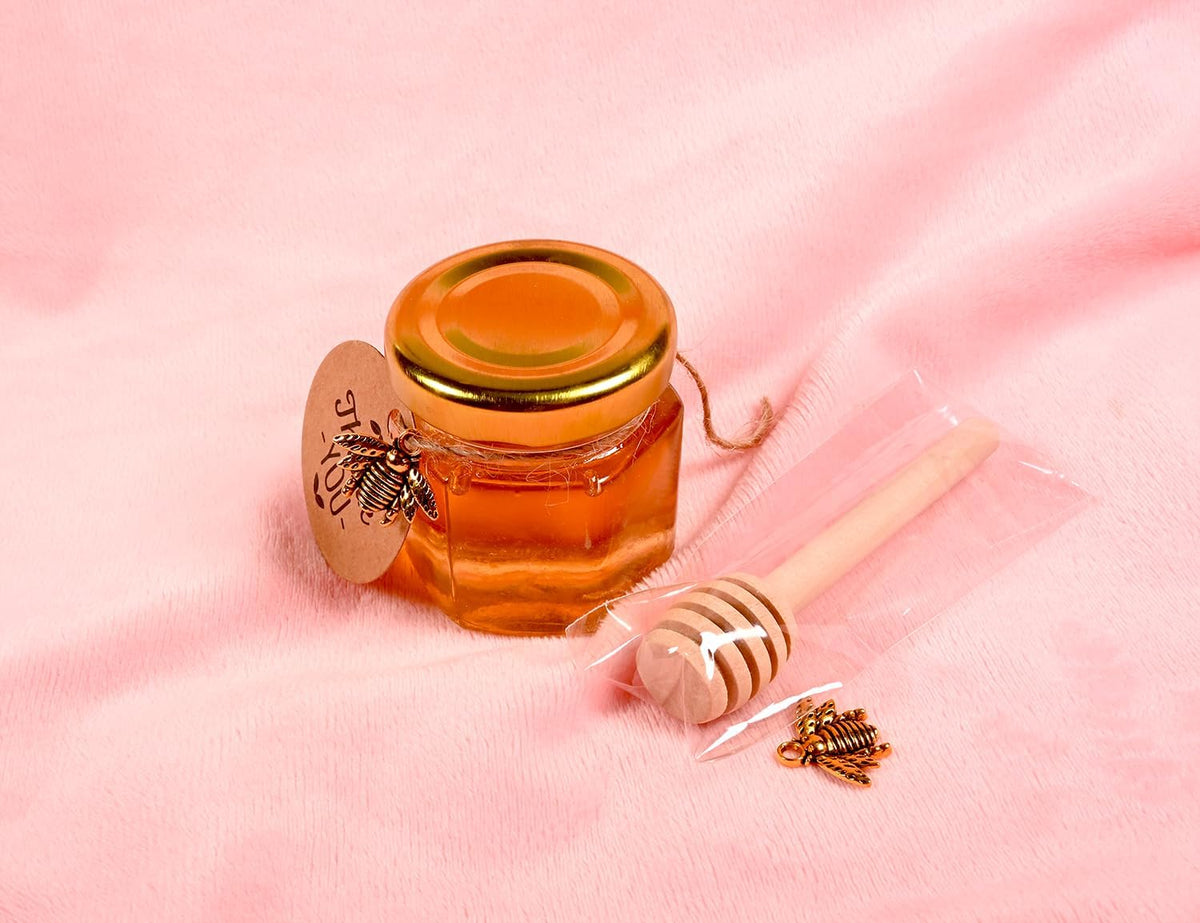Adabocute Mini Honey Jars - Honey Pot With Honey Dipper, Bee Pendants, Jutes, Tags and Gold Organza