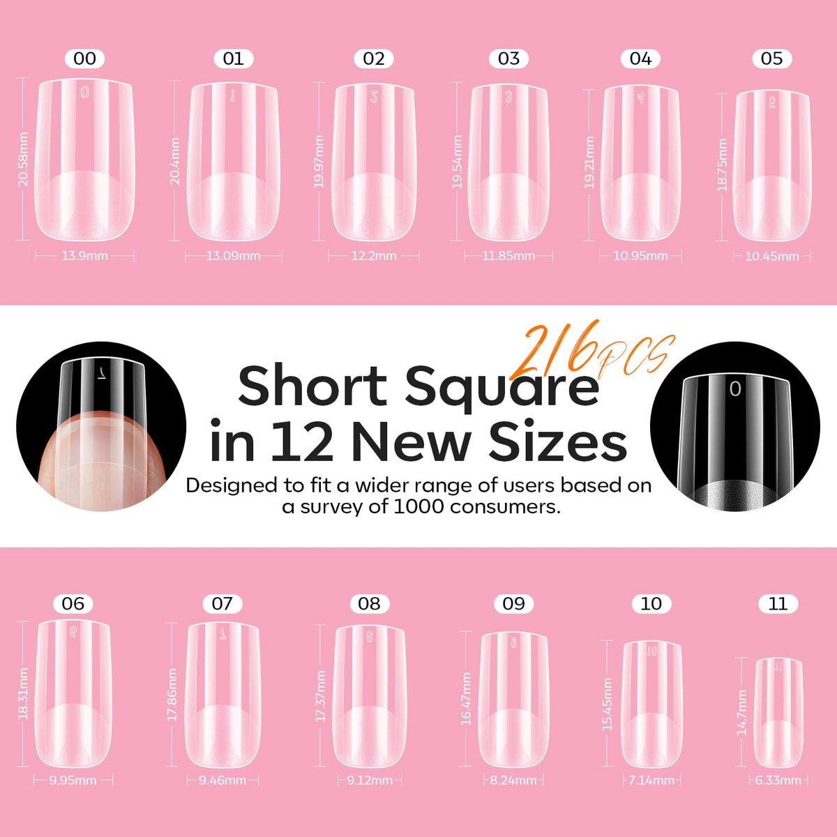modelones Short Square Gel Nail Tips Kit, 9-in-One Nail Glue with Portable U V Lamp 216Pcs 12Sizes