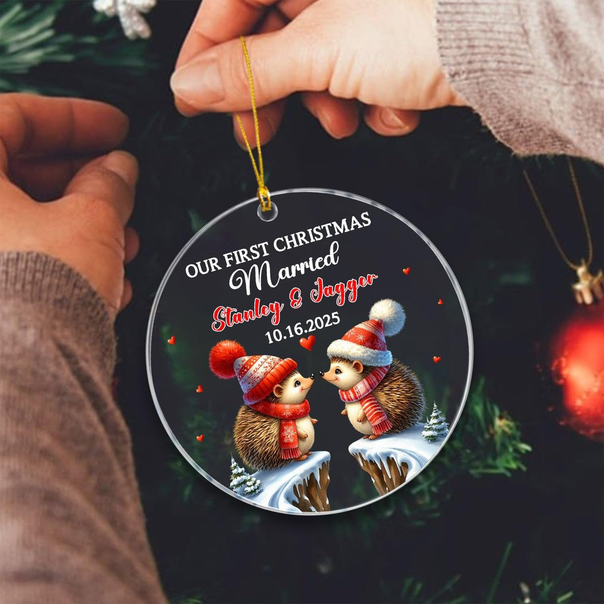 Our First Christmas Married Ornament, Custom Date/Name Mr & Mrs Hedgehog Ornament Gift for