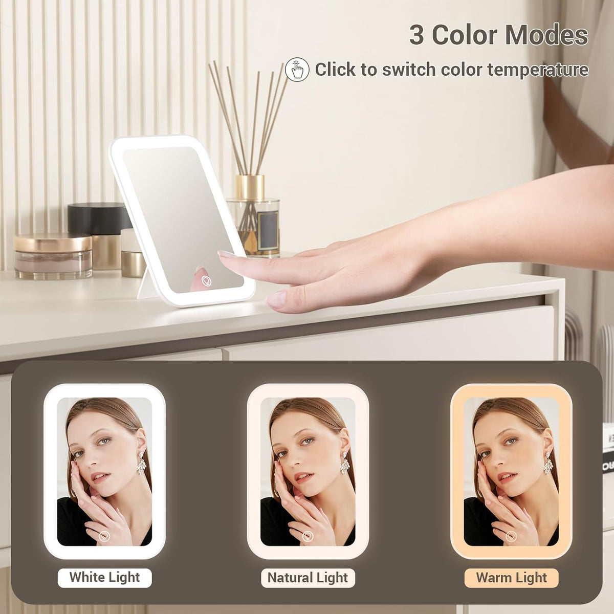 Kintion Travel Makeup Mirror, 6"*4.2" Rechargeable Portable LED Lighted Tabletop Vanity Mirror, 3