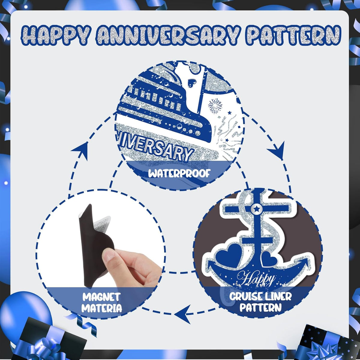 Happy Anniversary Cruise Door Magnets Decorations, Blue Silver Happy Anniversary Cruise Ship Door