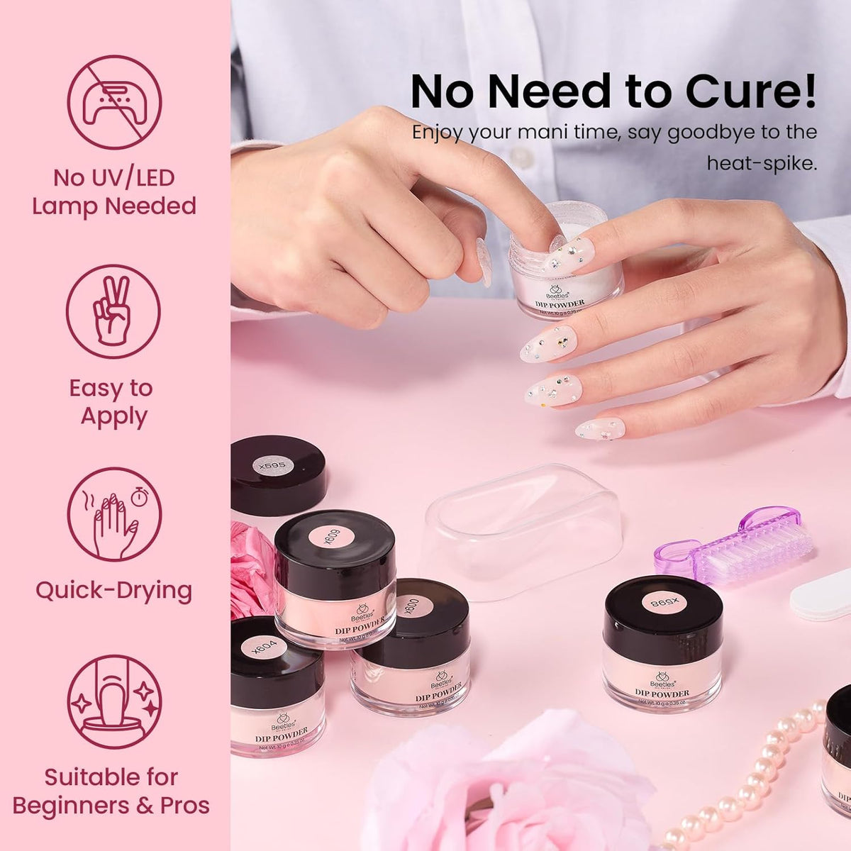 Beetles Pink Nude Dip Powder Nail Kit, 20 Colors Neutral Jelly Pink Sheer Glitter White Dip Nails