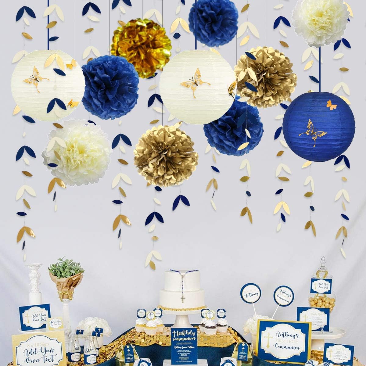 Navy Blue and Gold Party Decoration Kit Lanterns Flowers Pom Pom with Champagne Gold 3D Butterfly