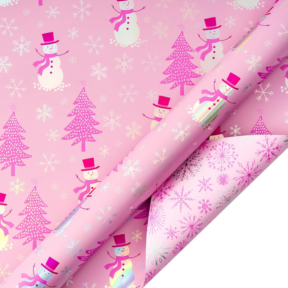 LeZakaa Christmas Pink Wrapping Paper Mini Roll, Snowman Christmas Tree & Snowflake Metallic Foil
