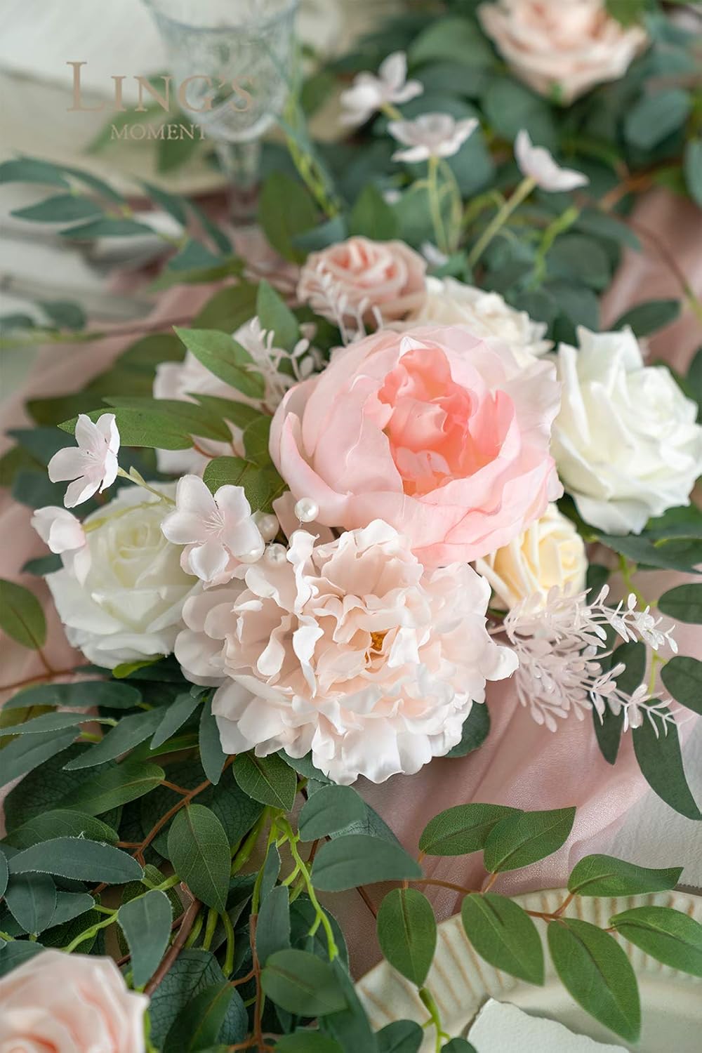 Ling's Moment Arch Flower Garland - 6FT Eucalyptus & Rose - Sweetheart Table Decor for Wedding